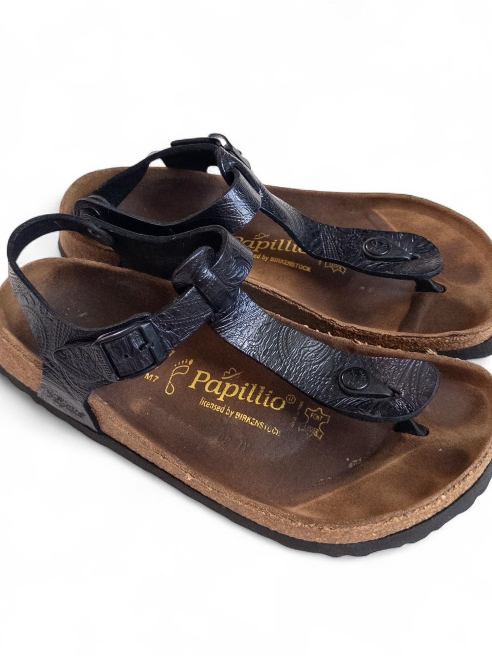 Papillio by Birkenstock Black Embossed Leather Thong Sandals Sz 40/L9